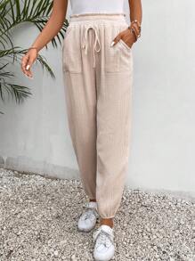 SHEIN Frenchy 紙袋腰前打結斜口袋長褲 - 杏色 - 查看 1