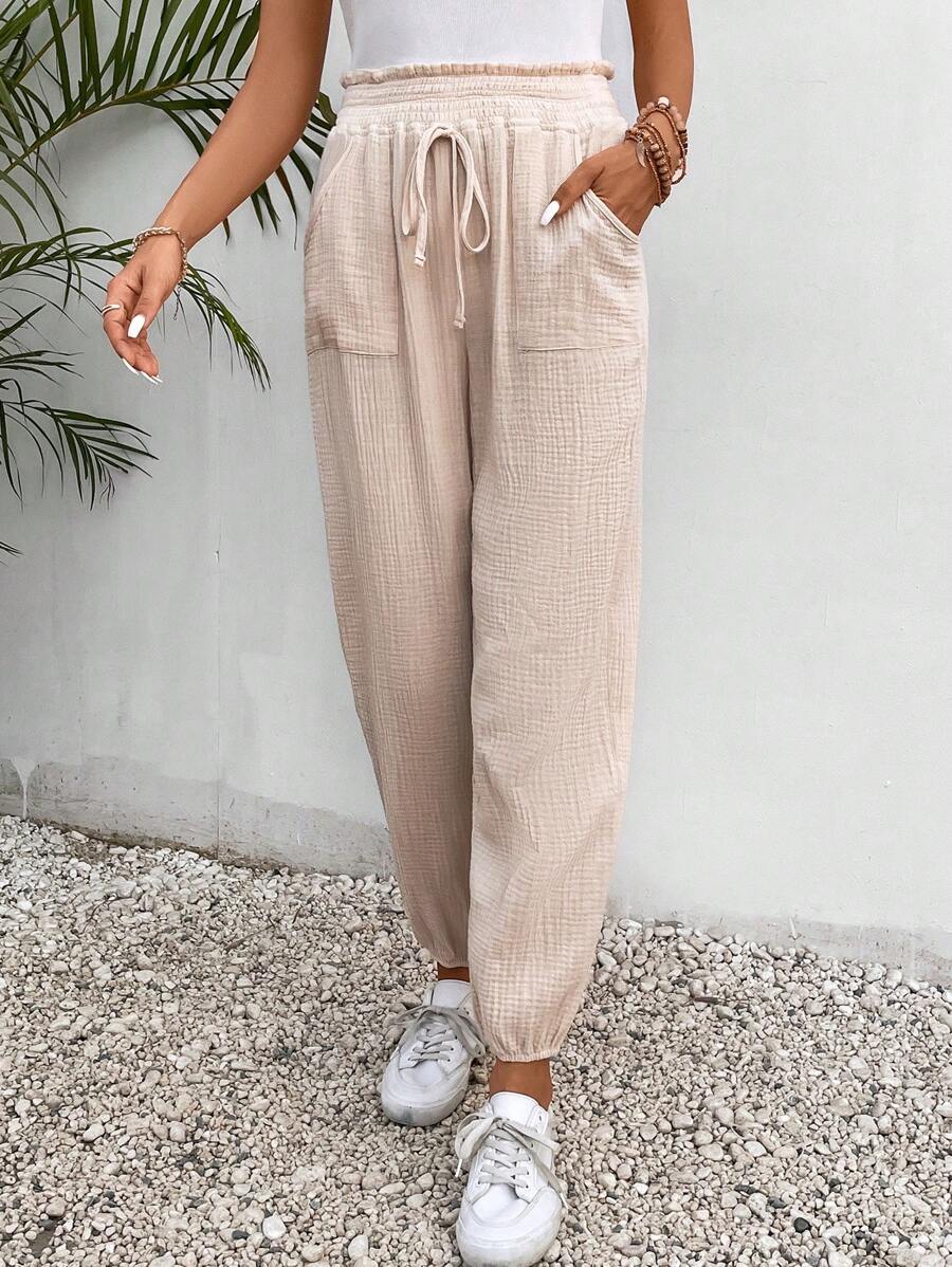 SHEIN Frenchy 紙袋腰前打結斜口袋長褲 - 杏色 - 查看 1