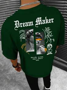 Manfinity EMRG Hombres Camiseta con slogan & con estampado de escultura - Verde Oscuro - Ver 1