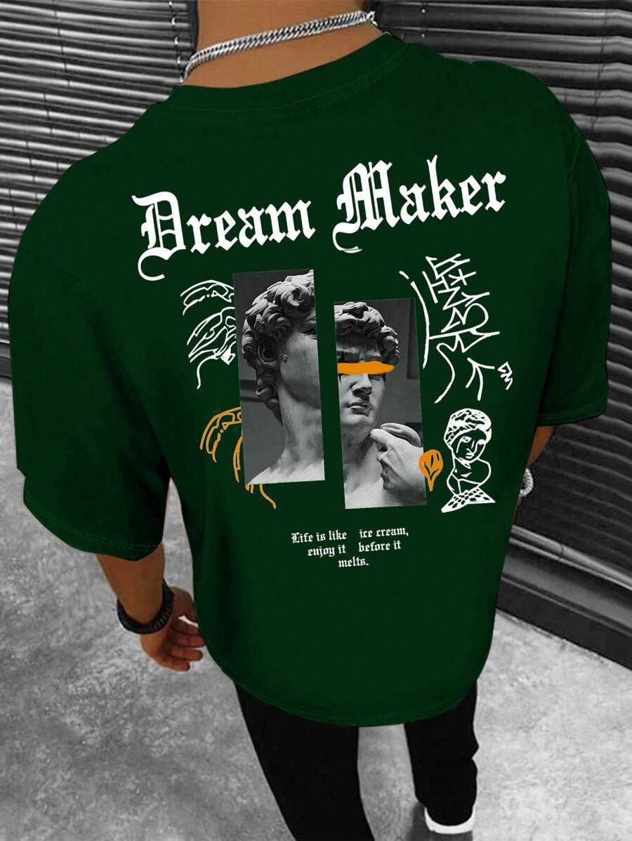 Manfinity EMRG Hombres Camiseta con slogan & con estampado de escultura - Verde Oscuro - Ver 1