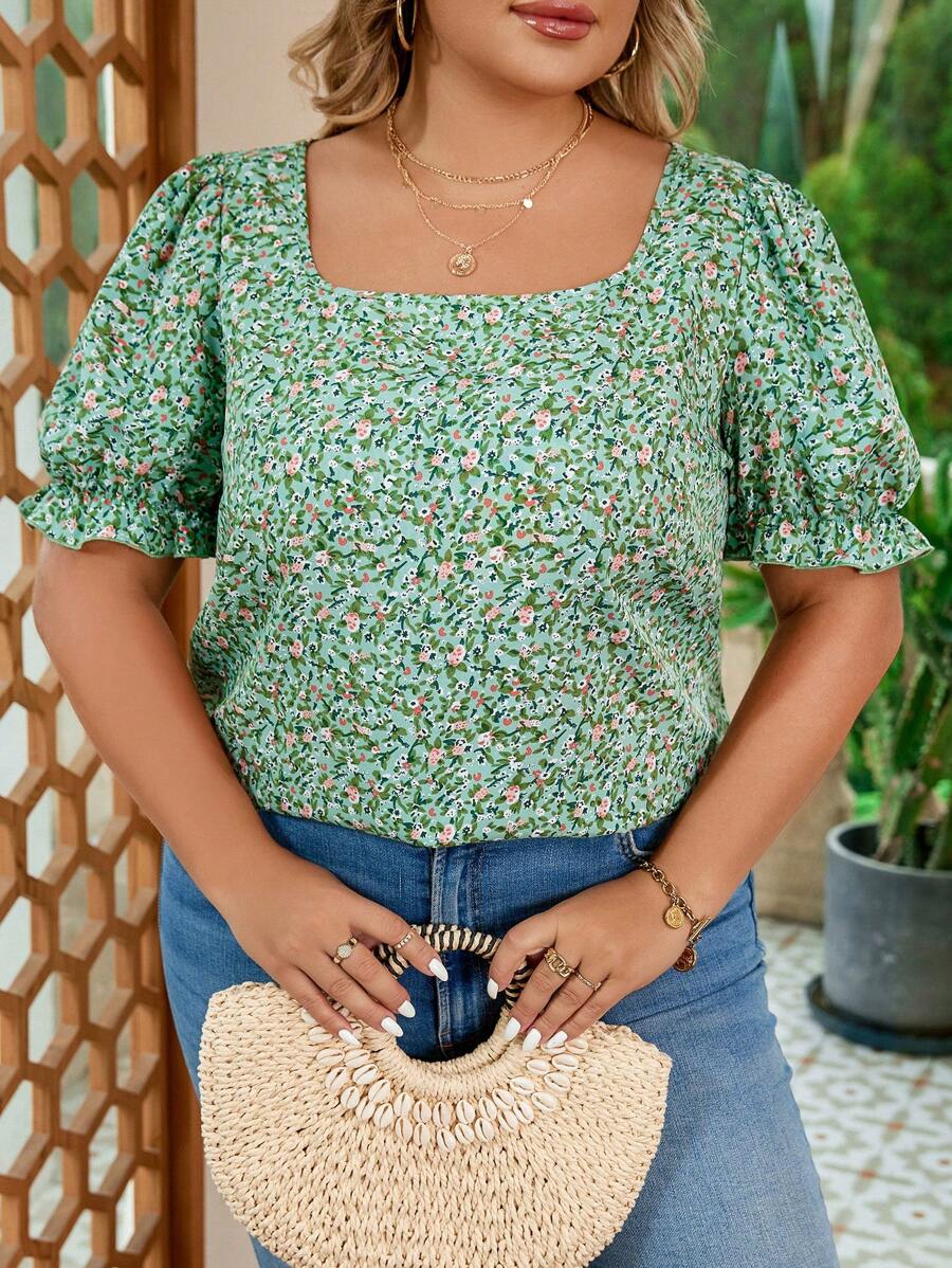 SHEIN VCAY Áo sơ mi Plus Size Xù Họa tiết hoa Boho - màu xanh lá - Xem 1