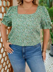 SHEIN VCAY Plus Ditsy Floral Print Puff Sleeve Blouse - Green - View 6