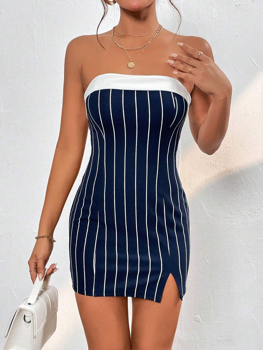 SHEIN PETITE In sọc Viền chia cắt Đầm bó sát ống - Màu xanh hải quân - Xem 1