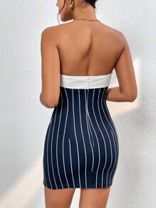 SHEIN PETITE In sọc Viền chia cắt Đầm bó sát ống - Màu xanh hải quân - Xem 2