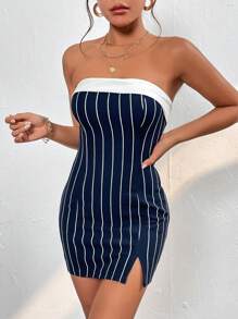 SHEIN PETITE In sọc Viền chia cắt Đầm bó sát ống - Màu xanh hải quân - Xem 3