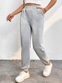 SHEIN PETITE Chất rắn Túi nghiêng Eo đàn hồi Quần thể thao - Màu Xám nhạt - Xem 1