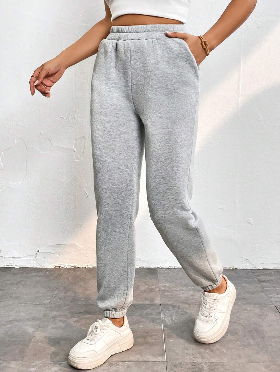 SHEIN PETITE Chất rắn Túi nghiêng Eo đàn hồi Quần thể thao - Màu Xám nhạt - Xem 1