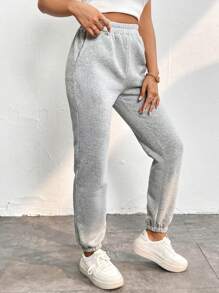 SHEIN PETITE Chất rắn Túi nghiêng Eo đàn hồi Quần thể thao - Màu Xám nhạt - Xem 3