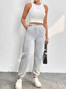 SHEIN PETITE Chất rắn Túi nghiêng Eo đàn hồi Quần thể thao - Màu Xám nhạt - Xem 6