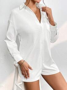 SHEIN PETITE Áo liền quần nữ Nút Túi Nút phía trước màu trơn Giải trí - trắng - Xem 5