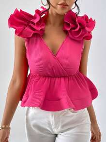 SHEIN Privé Exaggerated Ruffle Trim Peplum Blouse - Hot Pink - View 3