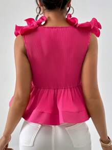SHEIN Privé Exaggerated Ruffle Trim Peplum Blouse - Hot Pink - View 2
