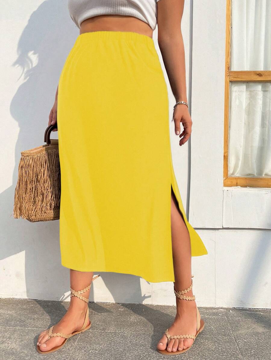 SHEIN Unity 大碼素色高衩半身裙 - 黃色 - 查看 1