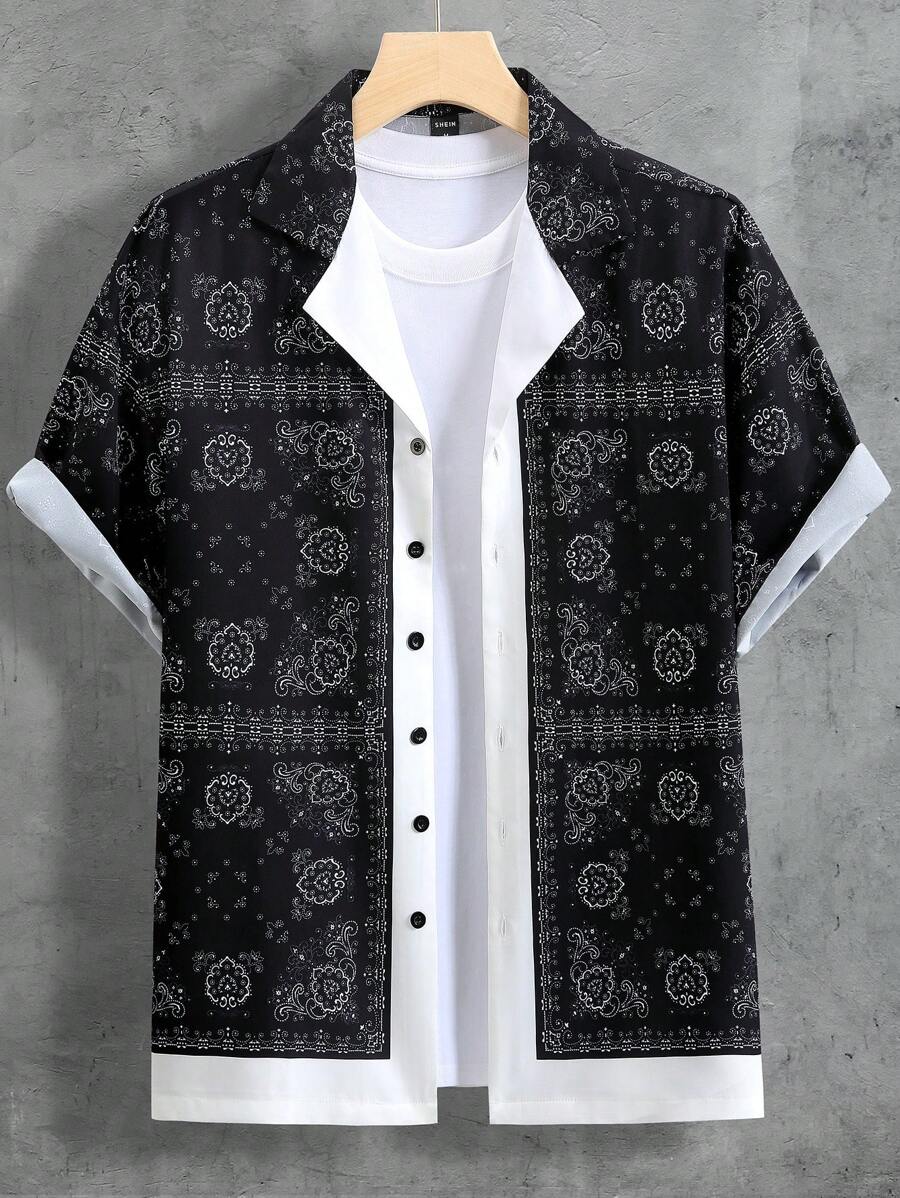 Manfinity Homme Áo sơ mi Nam Nút phía trước Họa tiết khăn Boho - màu đen - Xem 1