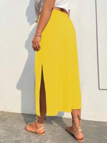SHEIN Unity 大碼素色高衩半身裙 - 黃色 - 查看 2