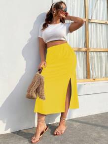 SHEIN Unity 大碼素色高衩半身裙 - 黃色 - 查看 4