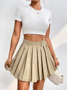 SHEIN PETITE 素色百褶半身裙 - 卡其色 - 查看 1