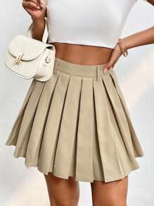 SHEIN PETITE 素色百褶半身裙 - 卡其色 - 查看 6