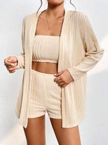 SHEIN PETITE Solid Ribbed Knit Tube Top & Shorts & Coat - Apricot - View 3
