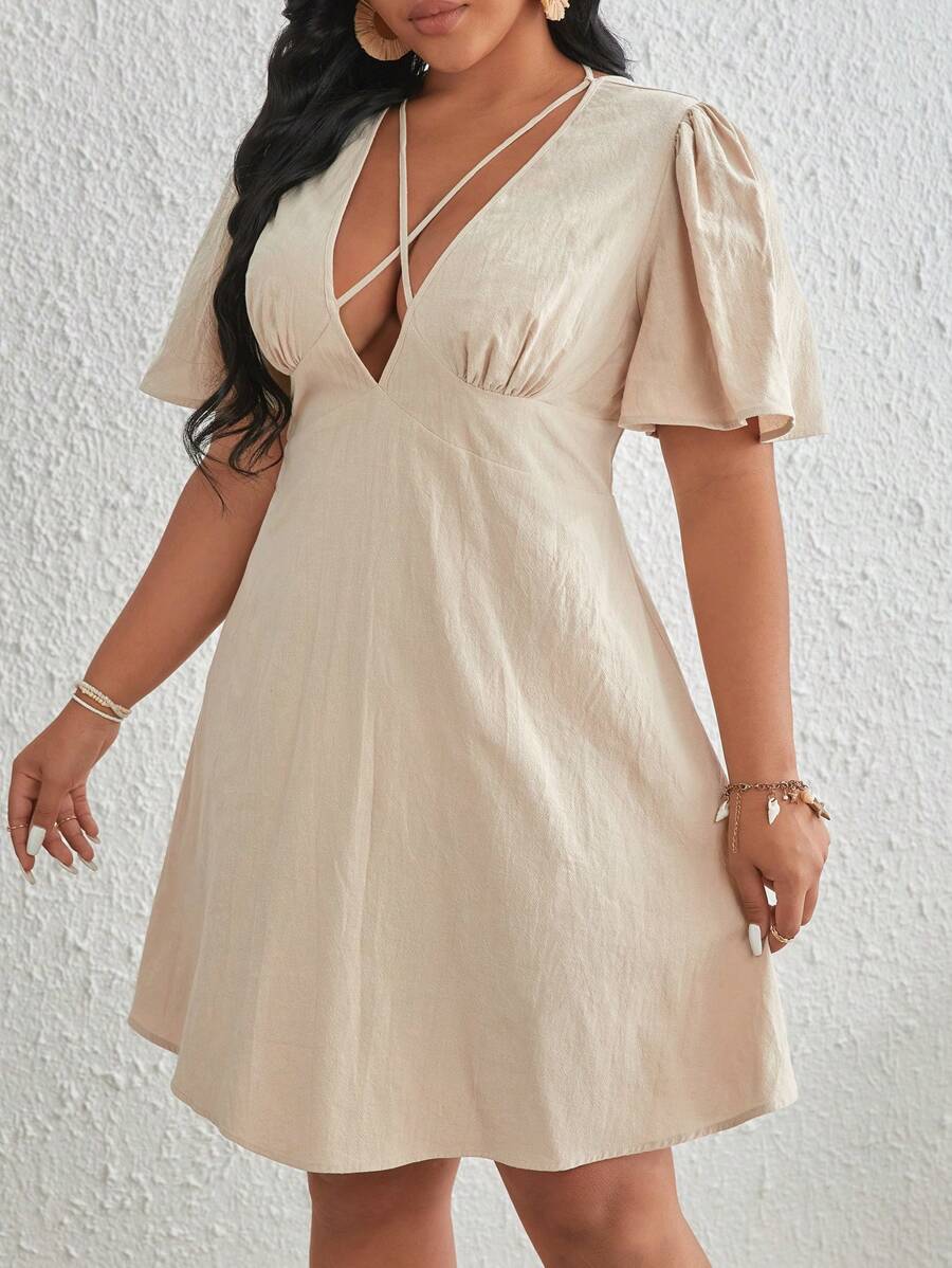 SHEIN VCAY 大碼前交叉蝴蝶袖連衣裙 - 杏色 - 查看 1