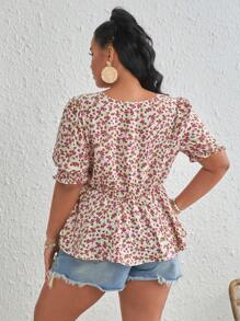 SHEIN VCAY 大碼碎花泡泡袖荷葉邊下擺襯衫 - 彩色 - 查看 2