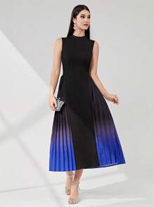 Modelyn 漸層百褶下擺小高領連衣裙 - 黑與白 - 查看 1