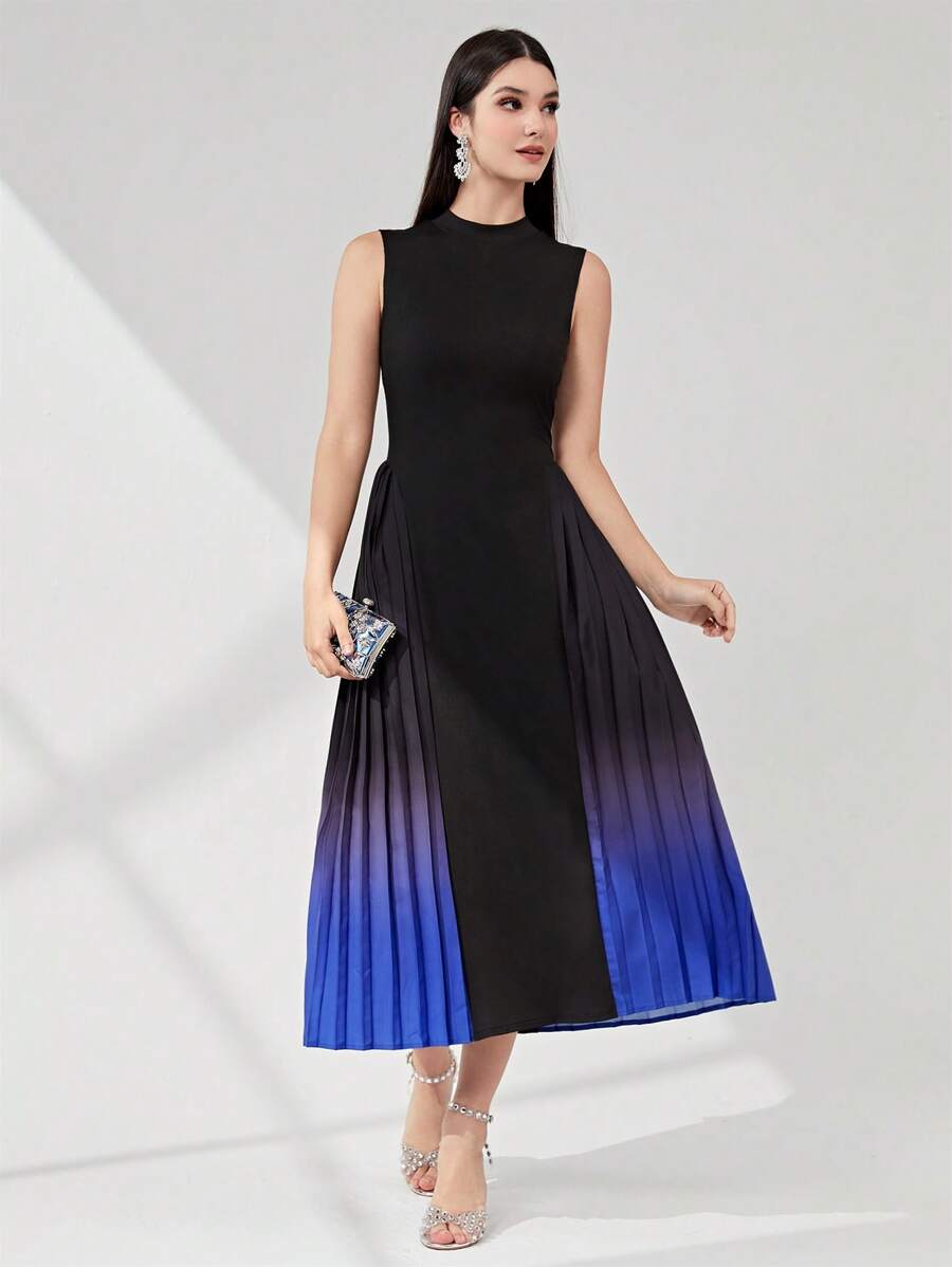 Modelyn 漸層百褶下擺小高領連衣裙 - 黑與白 - 查看 1