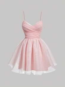 SHEIN MOD 素色胸部褶皺網紗覆蓋吊帶連衣裙 - 淺粉色 - 查看 1