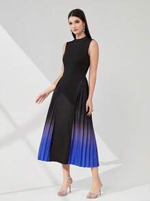 Modelyn 漸層百褶下擺小高領連衣裙 - 黑與白 - 查看 4