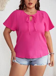 SHEIN VCAY Hơn Cà vạt Tay Raglan Áo sơ mi - Màu Hồng Tươi - Xem 1