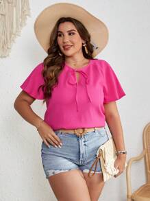 SHEIN VCAY Hơn Cà vạt Tay Raglan Áo sơ mi - Màu Hồng Tươi - Xem 4