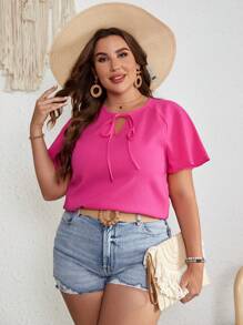 SHEIN VCAY Hơn Cà vạt Tay Raglan Áo sơ mi - Màu Hồng Tươi - Xem 2