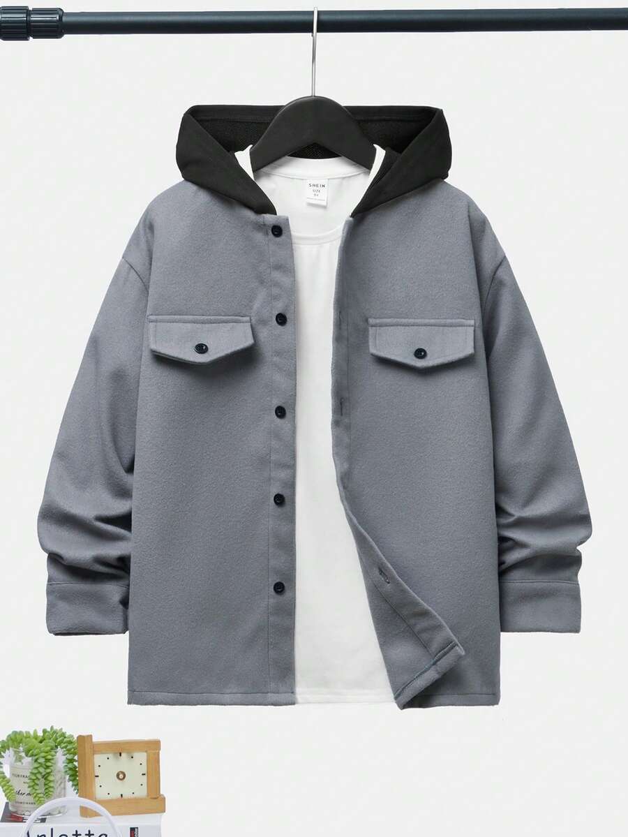 SHEIN Tween Boy Flap Detail Drop Shoulder Hooded Overcoat Without Tee - Dusty Blue - View 1