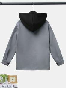 SHEIN Tween Boy Flap Detail Drop Shoulder Hooded Overcoat Without Tee - Dusty Blue - View 2