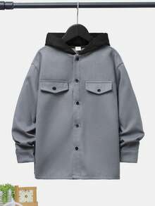 SHEIN Tween Boy Flap Detail Drop Shoulder Hooded Overcoat Without Tee - Dusty Blue - View 3