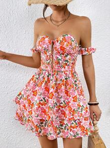 SHEIN VCAY 滿版印花一字肩前打結連衣裙 - 彩色 - 查看 1
