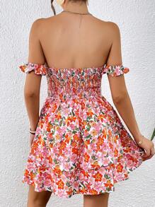 SHEIN VCAY 滿版印花一字肩前打結連衣裙 - 彩色 - 查看 2