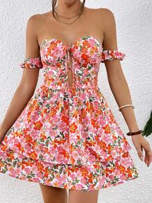 SHEIN VCAY 滿版印花一字肩前打結連衣裙 - 彩色 - 查看 3