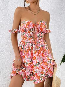 SHEIN VCAY 滿版印花一字肩前打結連衣裙 - 彩色 - 查看 4