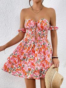 SHEIN VCAY 滿版印花一字肩前打結連衣裙 - 彩色 - 查看 5