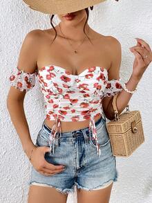SHEIN VCAY Allover Floral Print Off Shoulder Drawstring Front Crop Tee - Multicolor - View 3