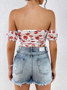 SHEIN VCAY Allover Floral Print Off Shoulder Drawstring Front Crop Tee - Multicolor - View 2