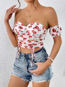 SHEIN VCAY Allover Floral Print Off Shoulder Drawstring Front Crop Tee - Multicolor - View 4