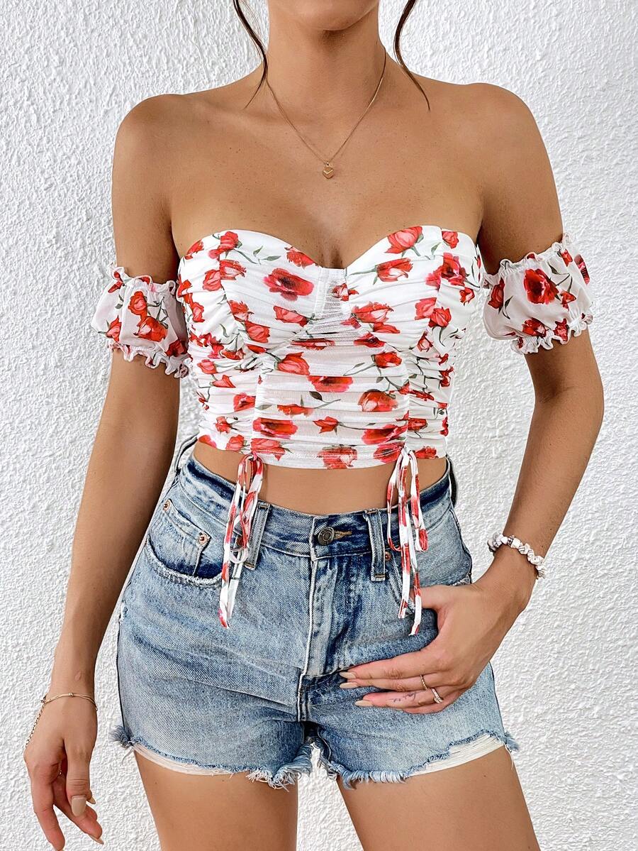 SHEIN VCAY Allover Floral Print Off Shoulder Drawstring Front Crop Tee - Multicolor - View 1