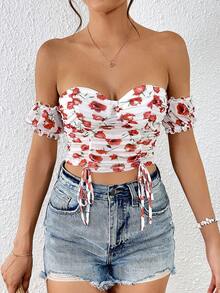 SHEIN VCAY Allover Floral Print Off Shoulder Drawstring Front Crop Tee - Multicolor - View 6