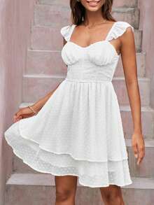SHEIN VCAY Swiss Dot Ruffle Trim Ruched Bust Two Layer Hem Dress - White - View 3