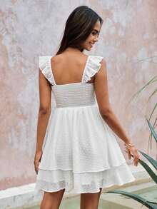 SHEIN VCAY Swiss Dot Ruffle Trim Ruched Bust Two Layer Hem Dress - White - View 2