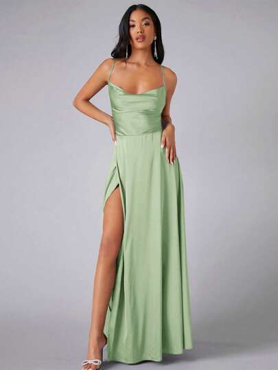 SHEIN Belle 垂領圍裹緞面吊帶正式連衣裙