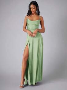 SHEIN Belle 垂領圍裹緞面吊帶正式連衣裙