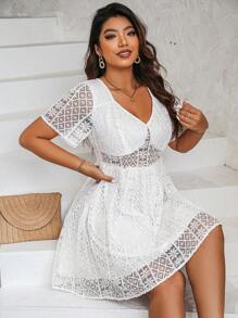 SHEIN Clasi Hơn Chất rắn Lớp phủ ren Đầm - trắng - Xem 6